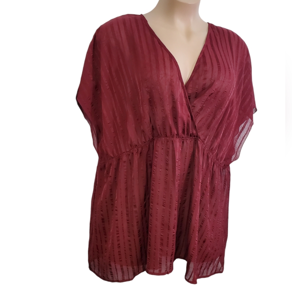 Torrid Burgundy Striped Surplice Babydoll Blouse Short Sleeve ~ New With Tags - Picture 2 of 12